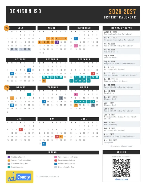 Denison ISD printable 2026-27 calendar