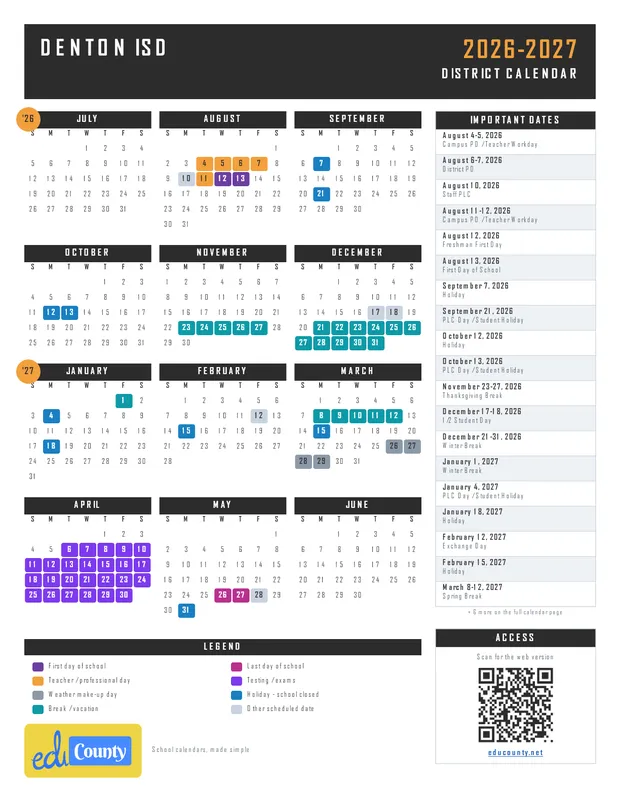Denton ISD printable 2026-27 calendar
