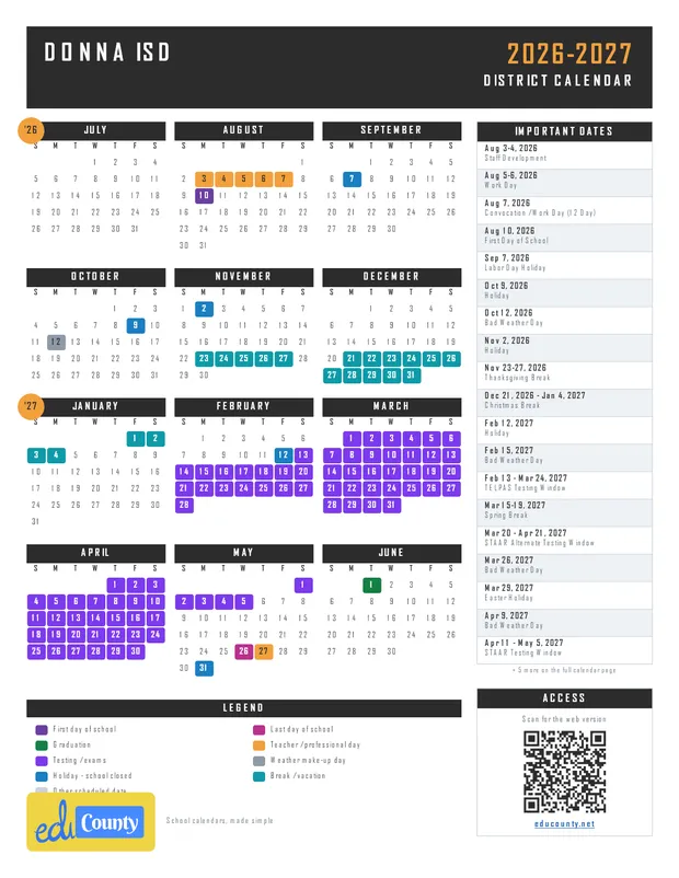 Donna ISD printable 2026-27 calendar