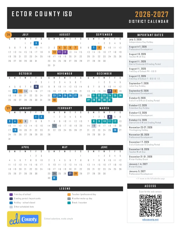 ECTOR COUNTY ISD printable 2026-27 calendar