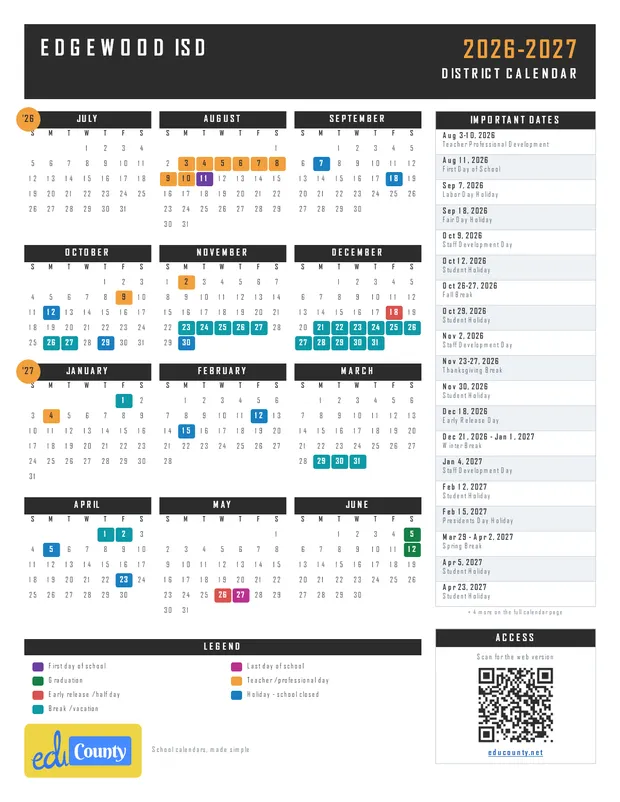 Edgewood ISD printable 2026-27 calendar