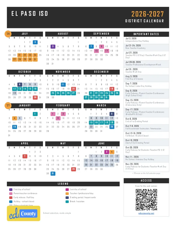 El Paso ISD Independent School District printable 2026-27 calendar