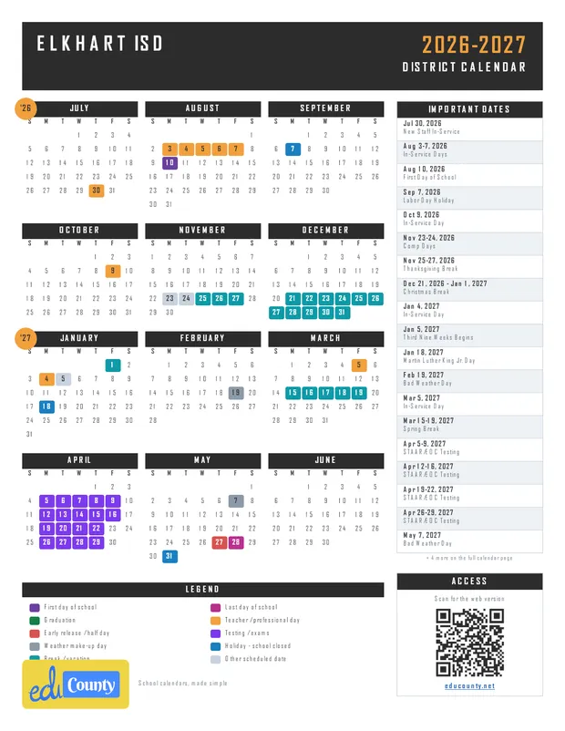 Elkhart ISD printable 2026-27 calendar