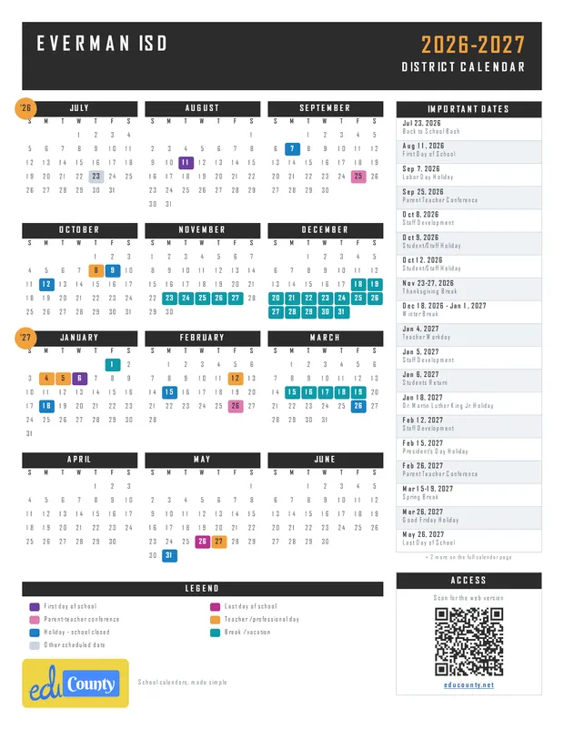 Everman Independent School District ISD printable 2026-27 calendar