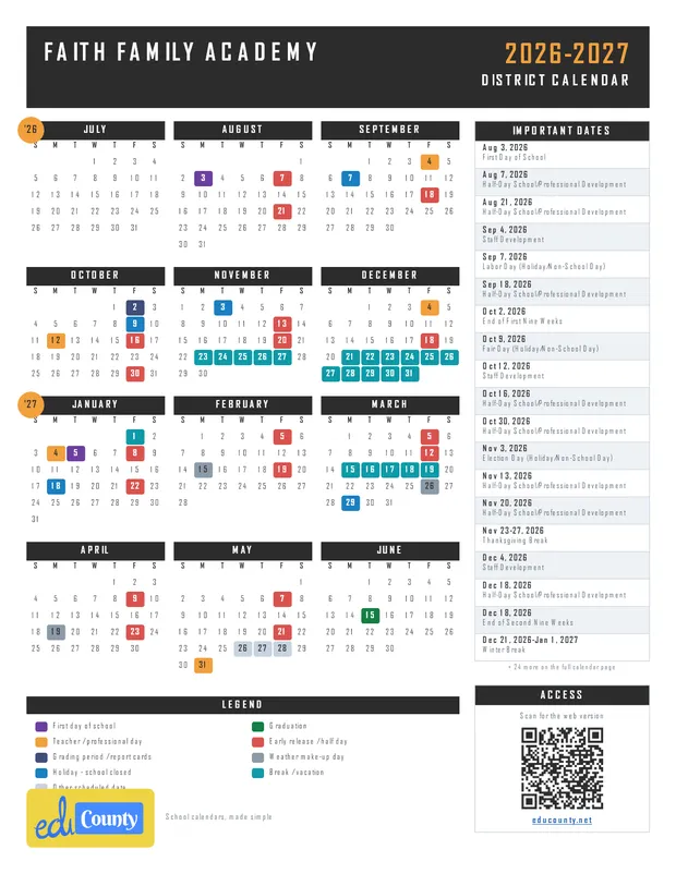 Faith Family Academy printable 2026-27 calendar