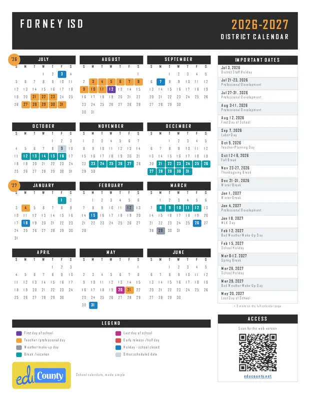 Forney Independent School District isd printable 2026-27 calendar