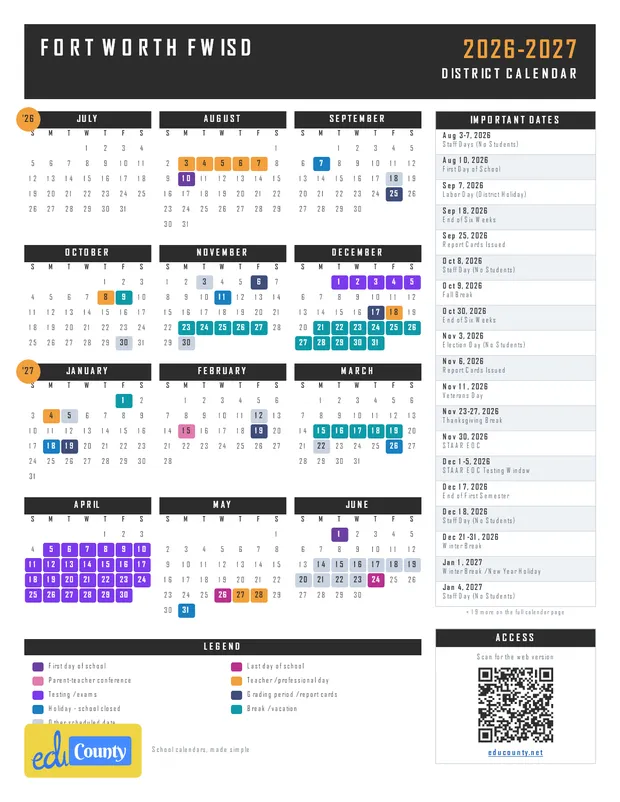 Fort Worth FWISD printable 2026-27 calendar