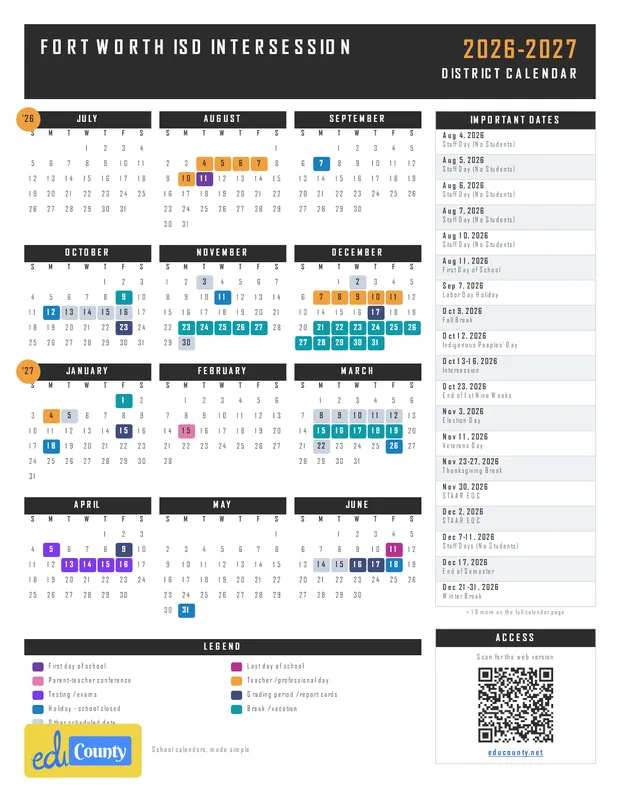 Fort Worth ISD Intersession printable 2026-27 calendar