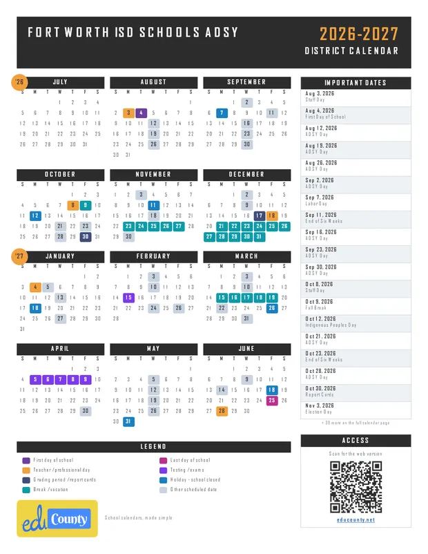 Fort Worth ISD Schools ADSY printable 2026-27 calendar