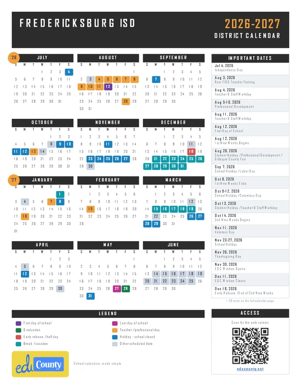 Fredericksburg ISD printable 2026-27 calendar