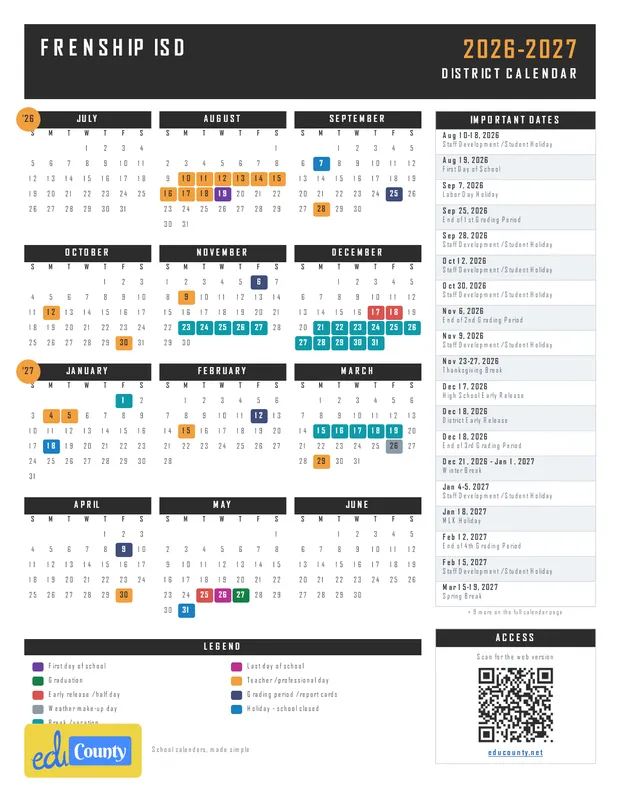 Frenship ISD printable 2026-27 calendar