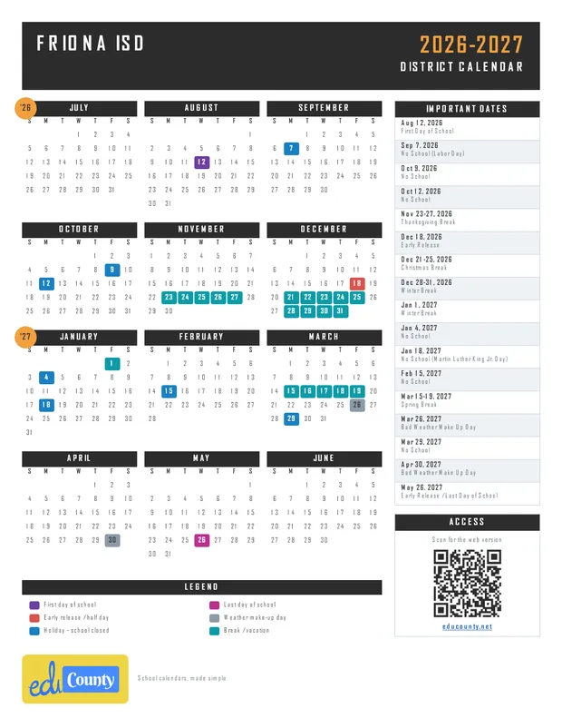 Friona ISD printable 2026-27 calendar