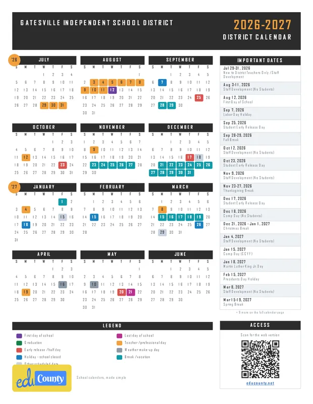 Gatesville Independent School District printable 2026-27 calendar