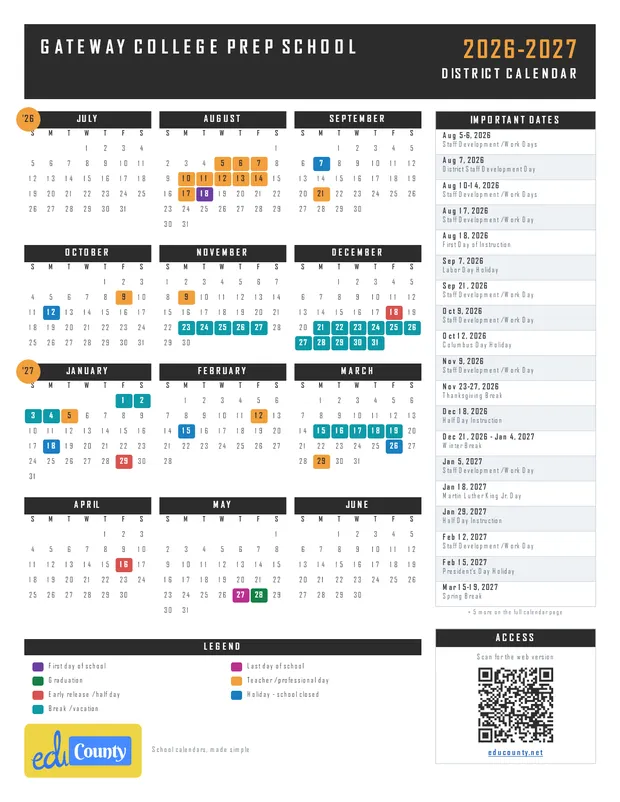 Gateway College Prep School printable 2026-27 calendar