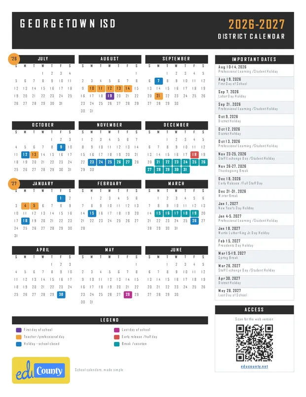 Georgetown ISD printable 2026-27 calendar