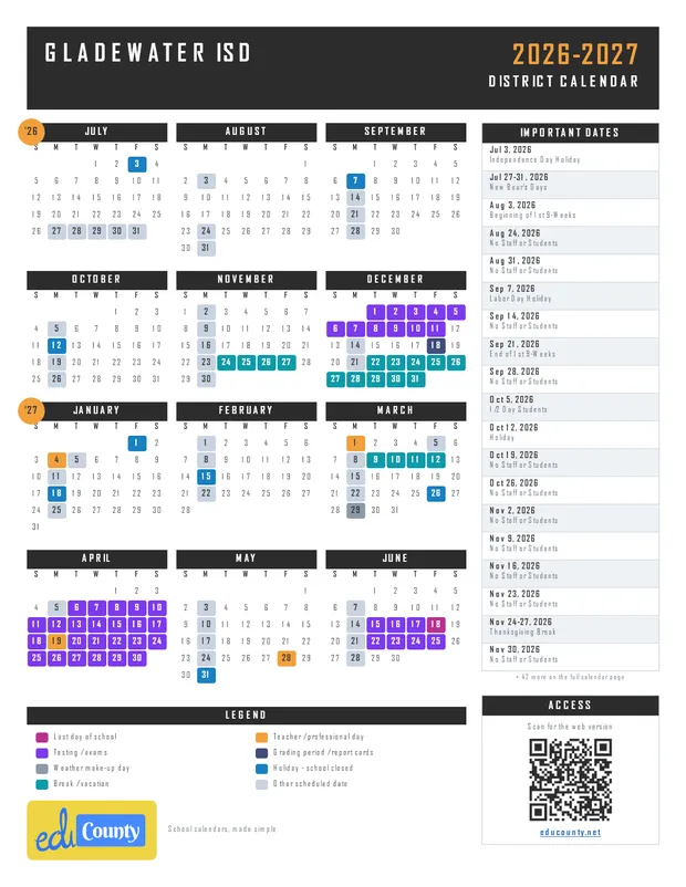 Gladewater ISD printable 2026-27 calendar