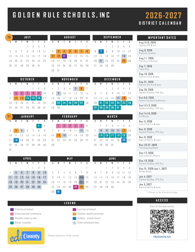 Golden Rule Schools, Inc printable 2026-27 calendar
