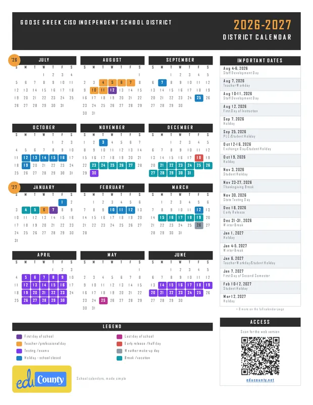 Goose Creek CISD Independent School District printable 2026-27 calendar