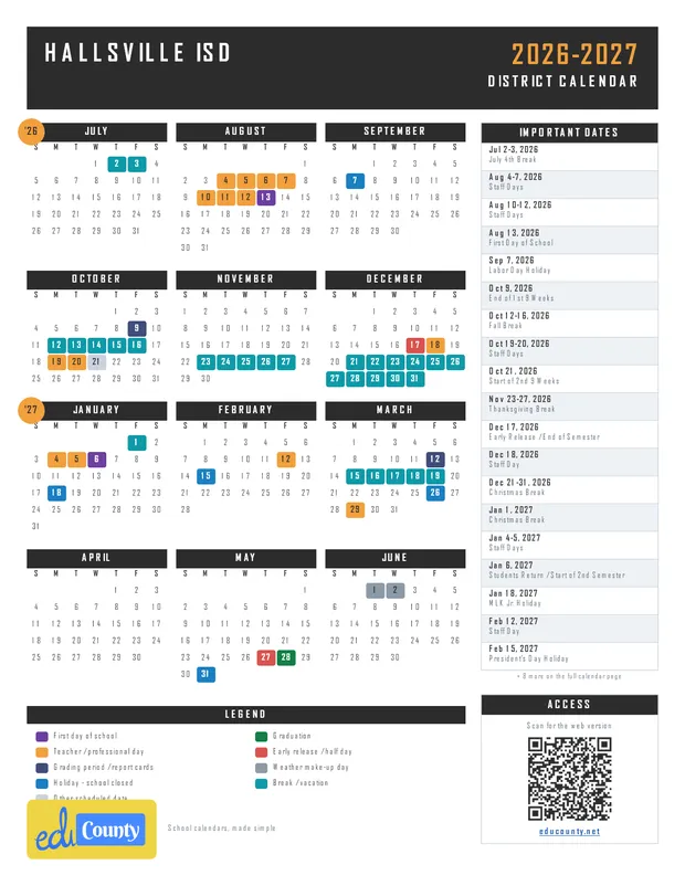 Hallsville ISD Independent School District printable 2026-27 calendar