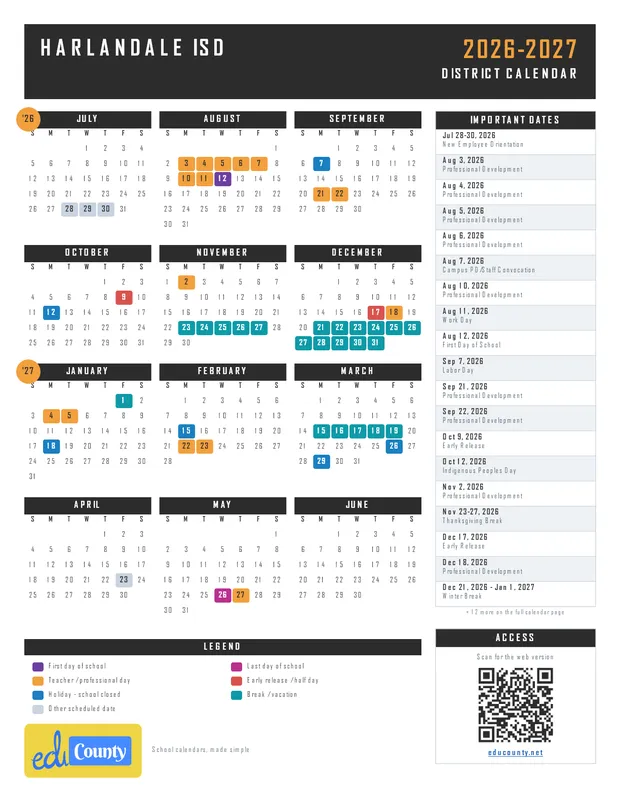 Harlandale ISD printable 2026-27 calendar