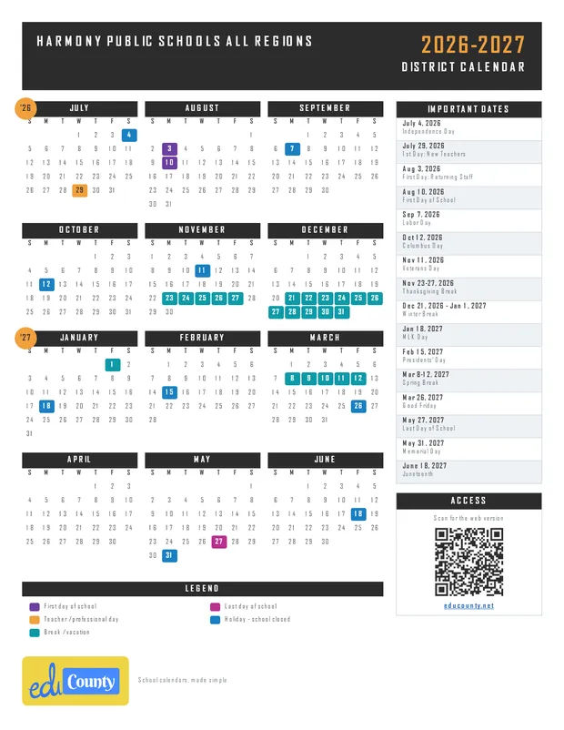 Harmony Public Schools All Regions printable 2026-27 calendar