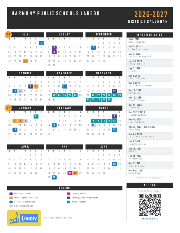 Harmony Public Schools Laredo printable 2026-27 calendar