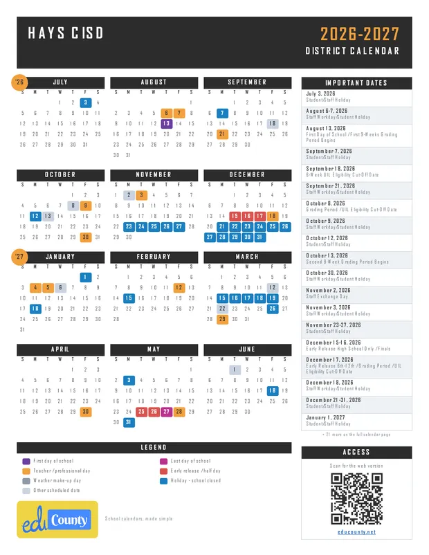 Hays CISD printable 2026-27 calendar