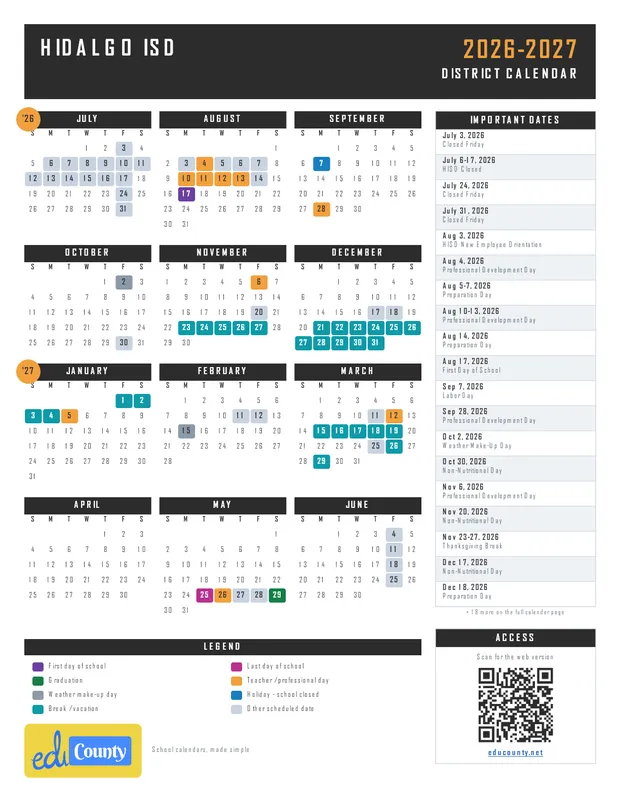 Hidalgo ISD printable 2026-27 calendar