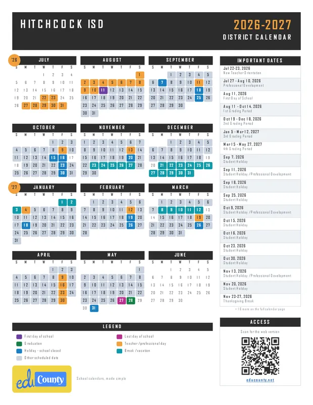 Hitchcock ISD printable 2026-27 calendar