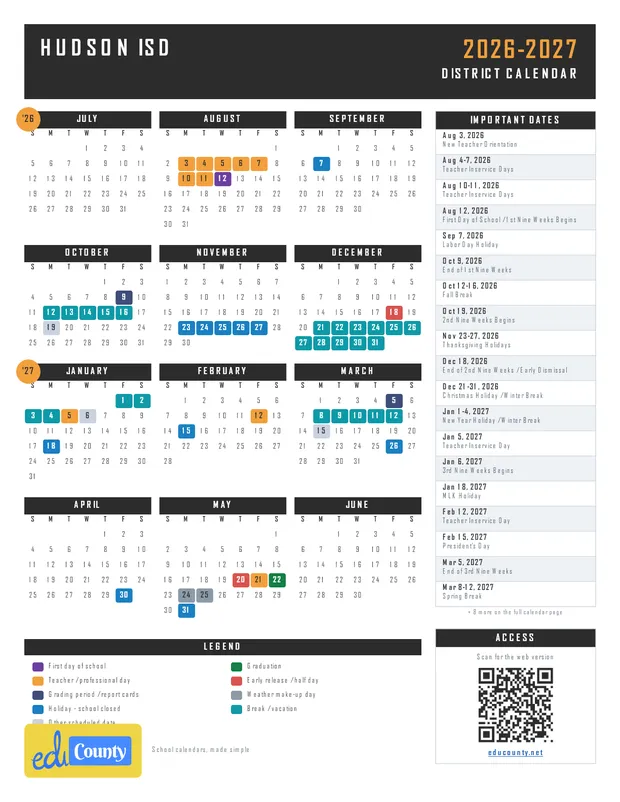 Hudson ISD printable 2026-27 calendar