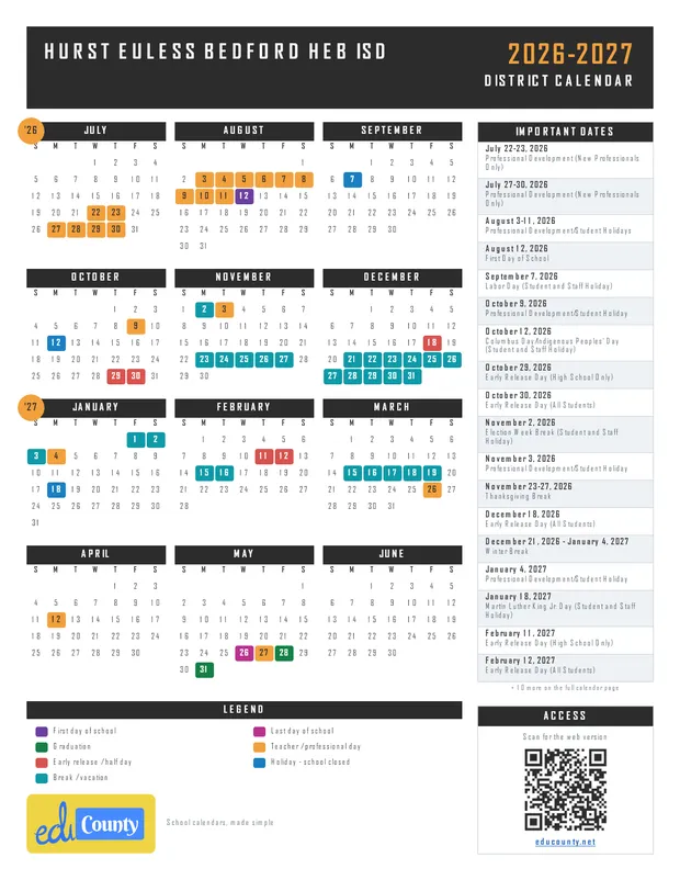 Hurst Euless Bedford HEB ISD printable 2026-27 calendar