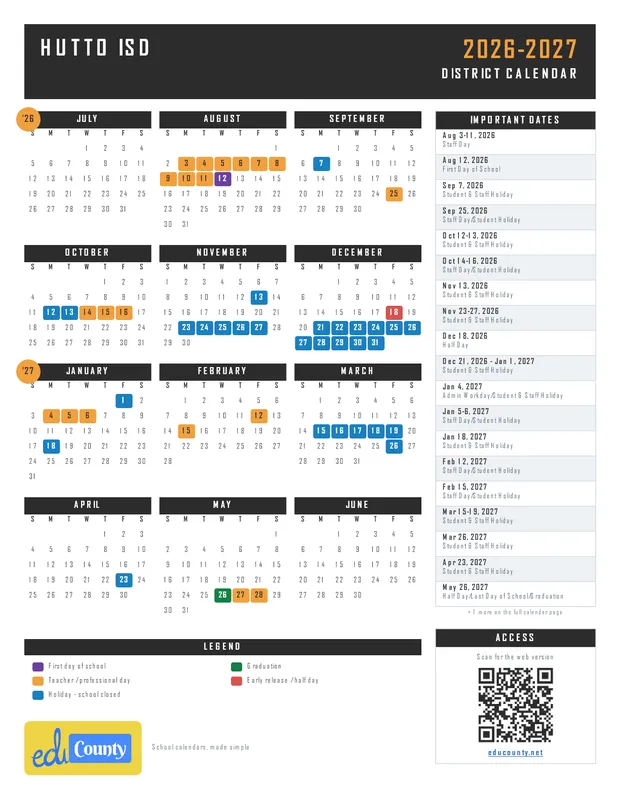 Hutto ISD printable 2026-27 calendar