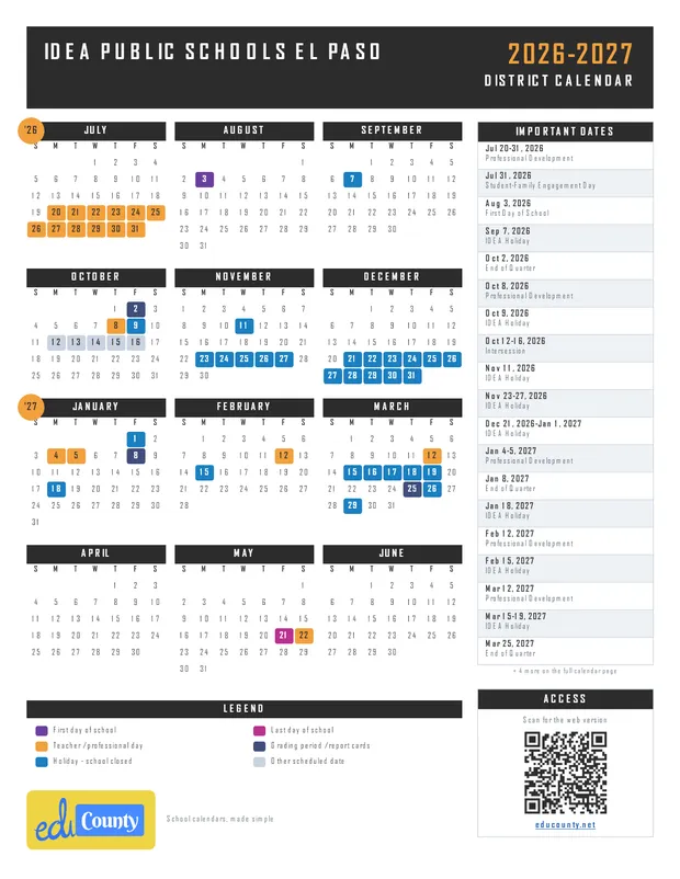 IDEA Public Schools El Paso printable 2026-27 calendar