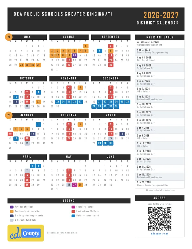 IDEA Public Schools Greater Cincinnati printable 2026-27 calendar