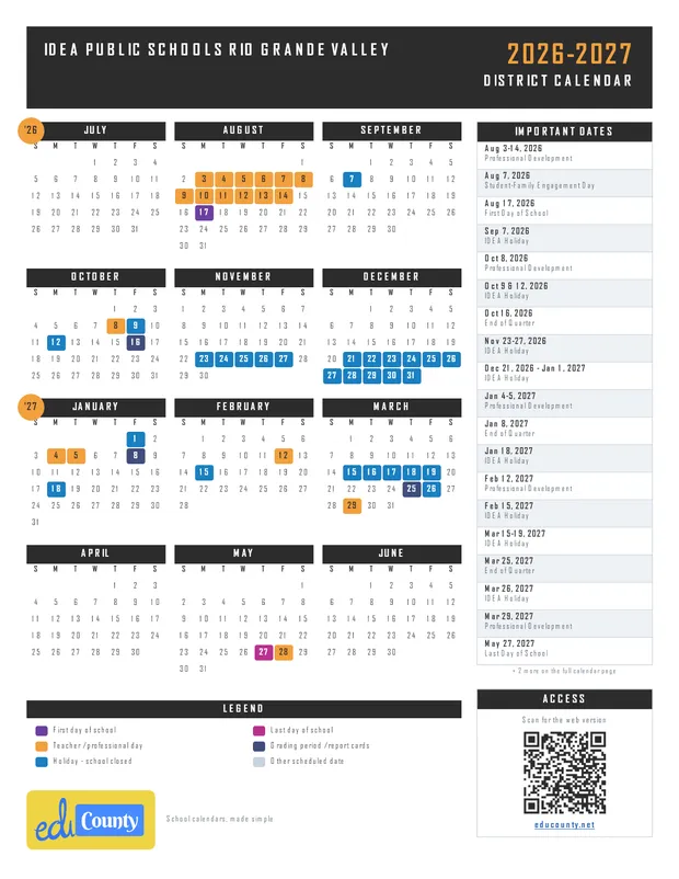 IDEA Public Schools Rio Grande Valley printable 2026-27 calendar