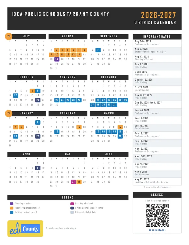IDEA Public Schools Tarrant County printable 2026-27 calendar