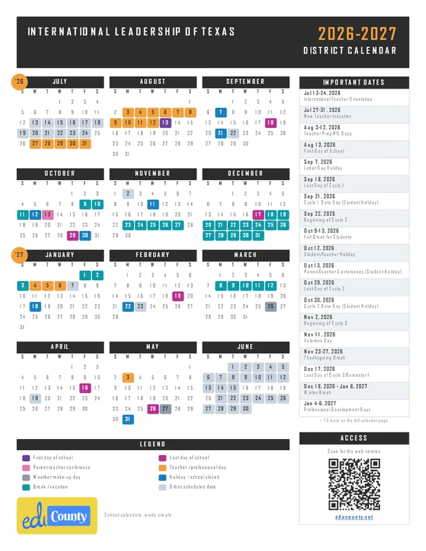 International Leadership of Texas printable 2026-27 calendar