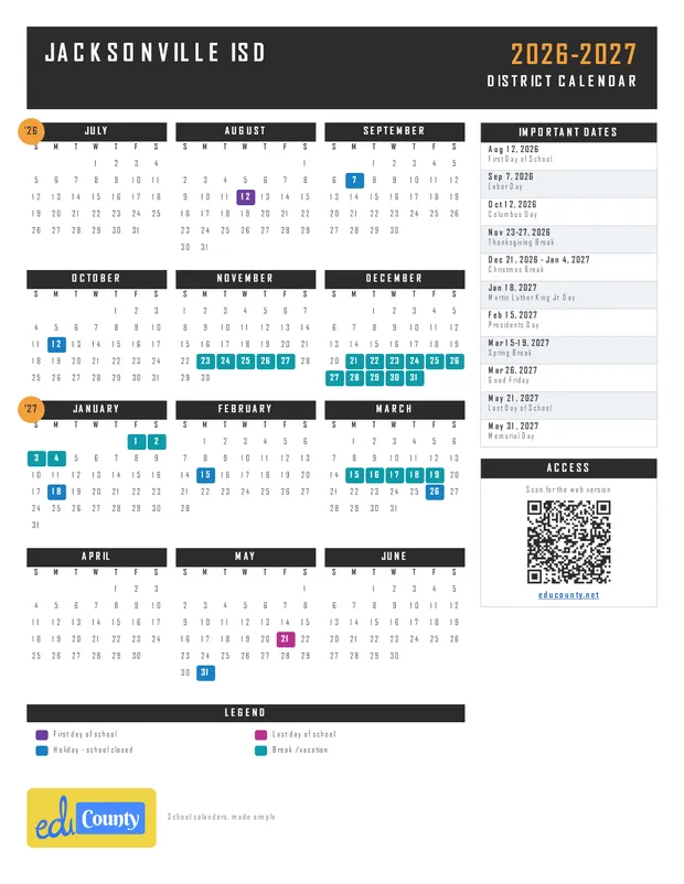 Jacksonville ISD Independent School District printable 2026-27 calendar