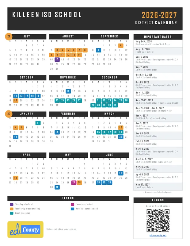 Killeen ISD School printable 2026-27 calendar