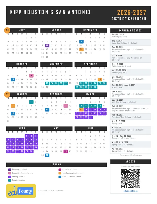 KIPP Houston & San Antonio printable 2026-27 calendar