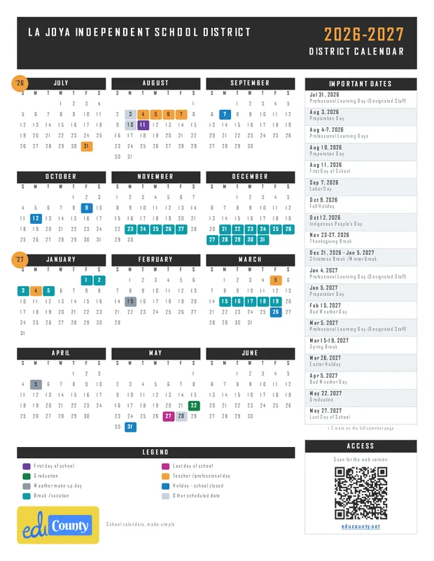 La Joya Independent School District printable 2026-27 calendar