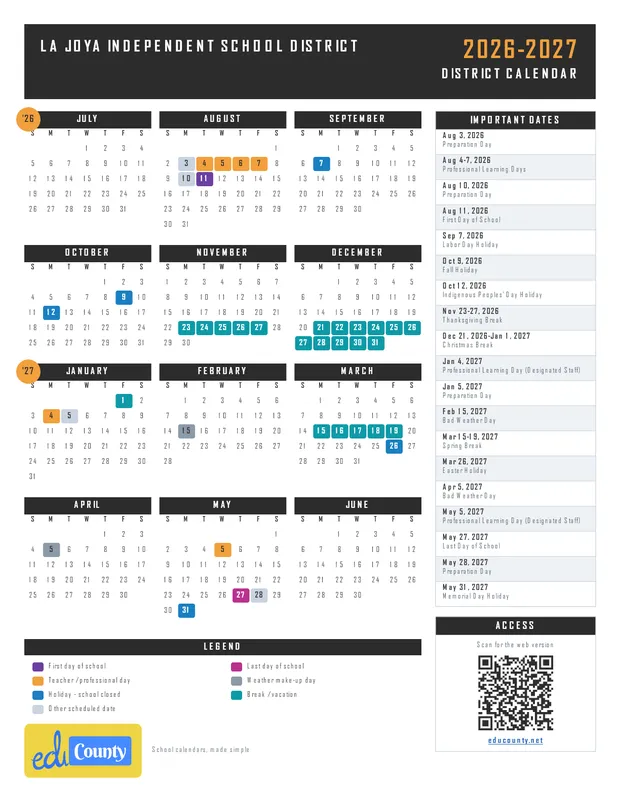 La Joya Independent School District printable 2026-27 calendar