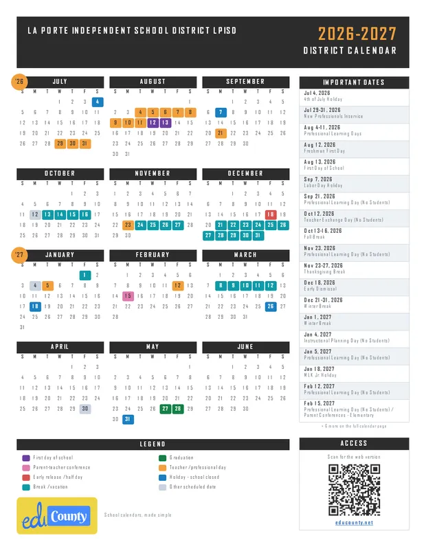 La Porte Independent School District lpisd printable 2026-27 calendar