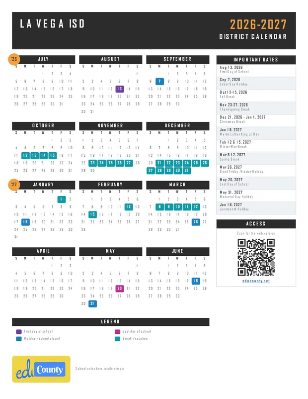 La Vega ISD printable 2026-27 calendar
