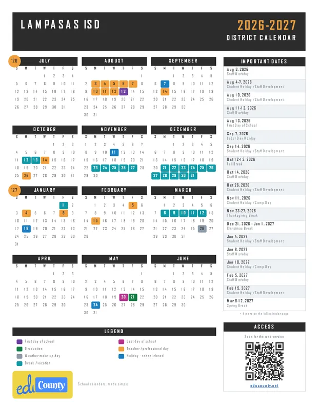 Lampasas ISD printable 2026-27 calendar