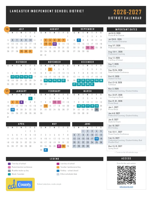Lancaster Independent School District printable 2026-27 calendar