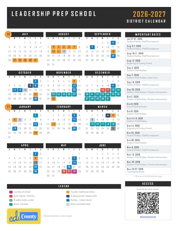 Leadership Prep School printable 2026-27 calendar