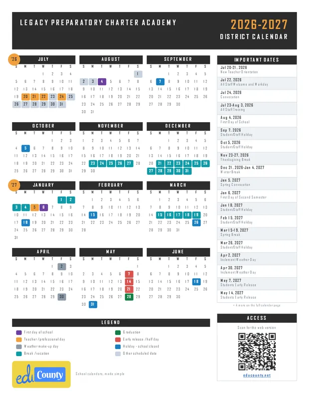 Legacy Preparatory Charter Academy printable 2026-27 calendar