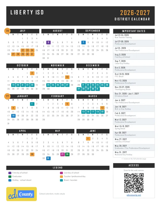 Liberty ISD printable 2026-27 calendar