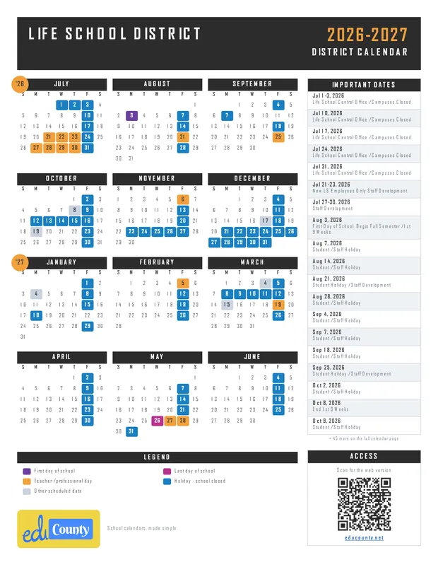 Life School District printable 2026-27 calendar